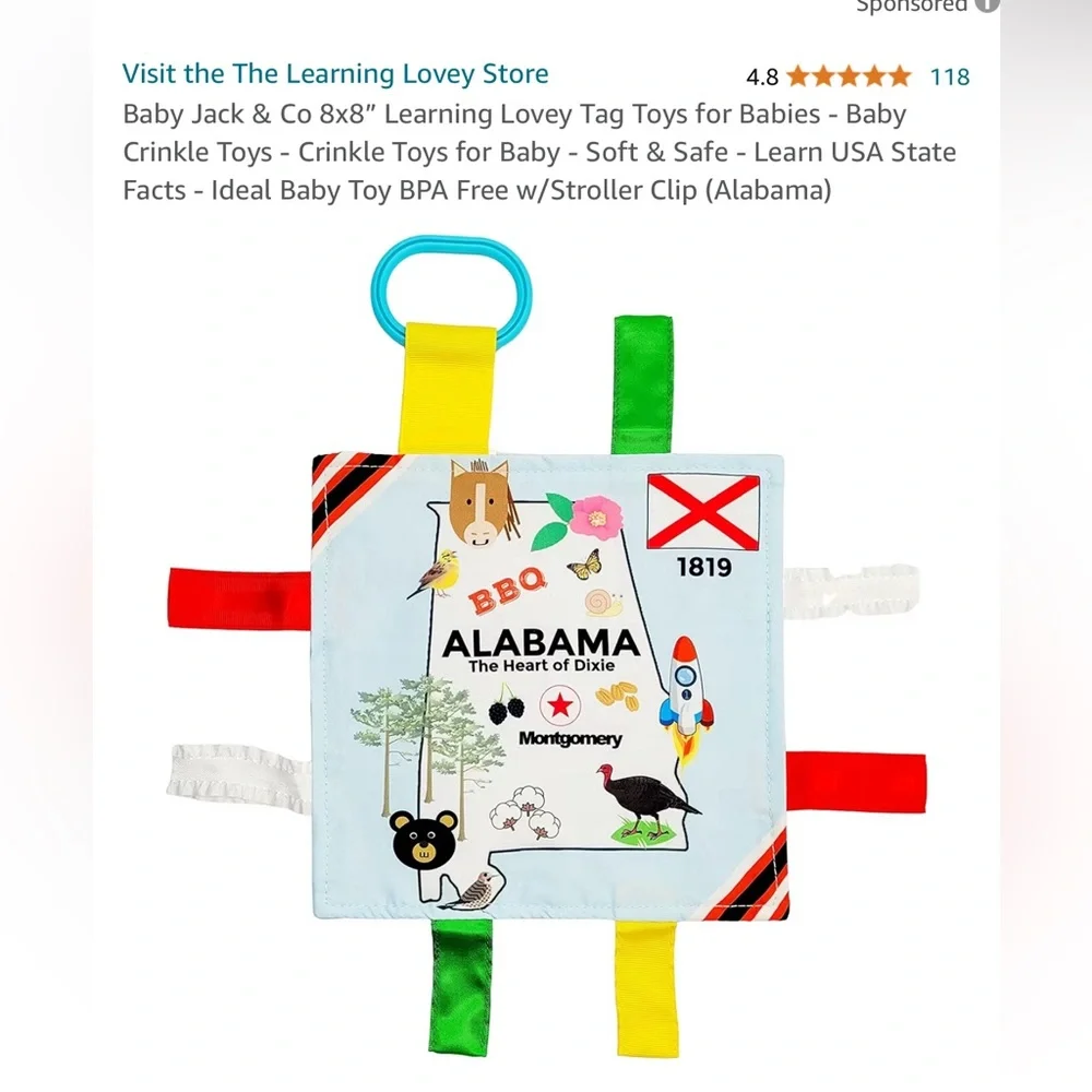 Baby Jack & Co 8x8” Learning Lovey Tag Toys for Babies -‎ Alabama